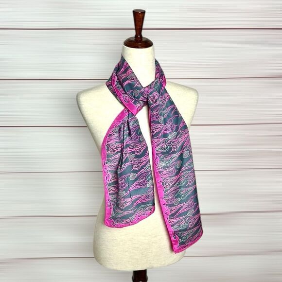 Harley Davidson Silk Scarf Magenta Charcoal Hand Rolled 11,5x58 inches - Picture 2 of 12